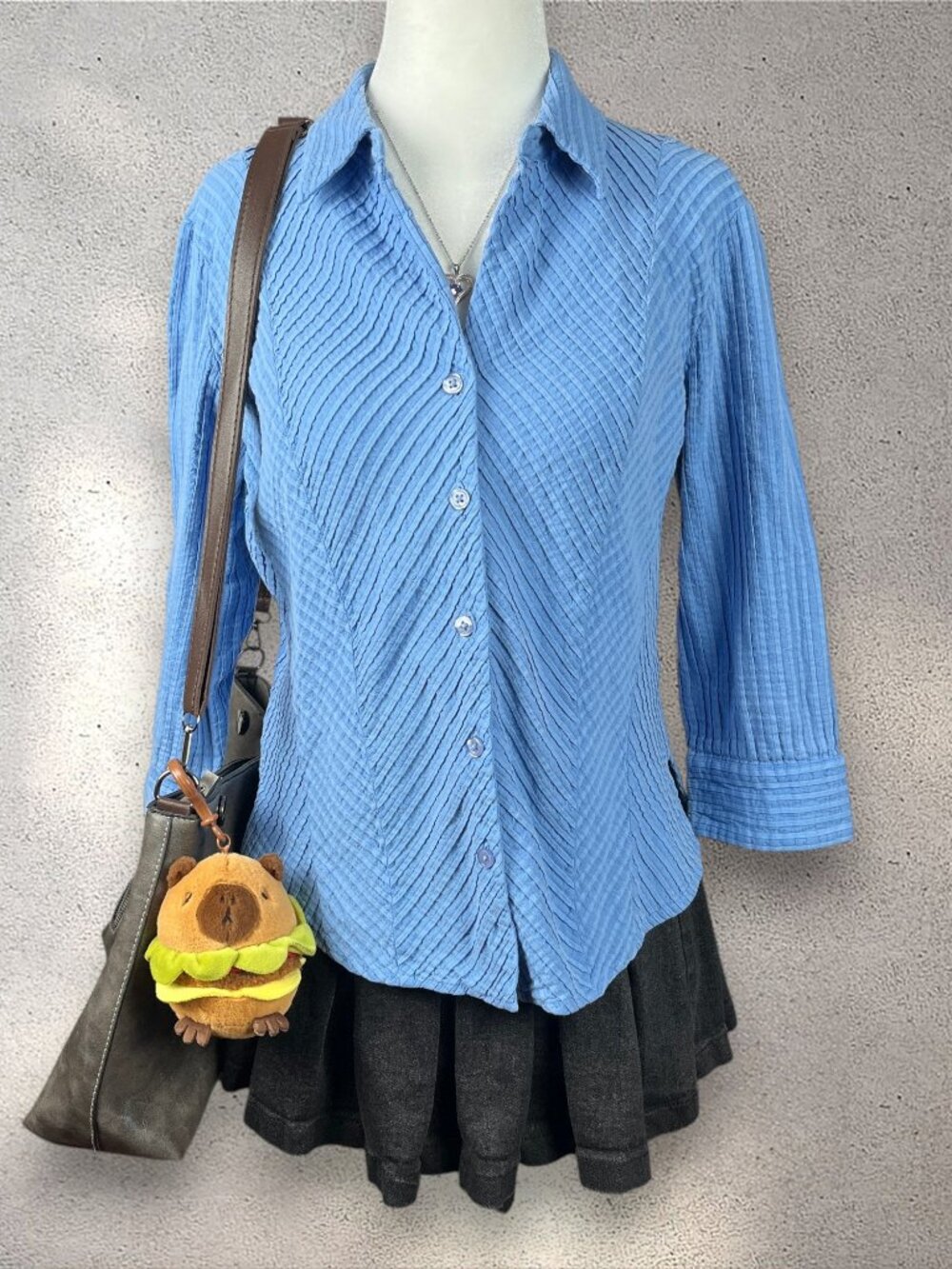 VTG Coldwater Creek Crinkle Button Up Blouse Women’s M Blue Stripe Academia Boho